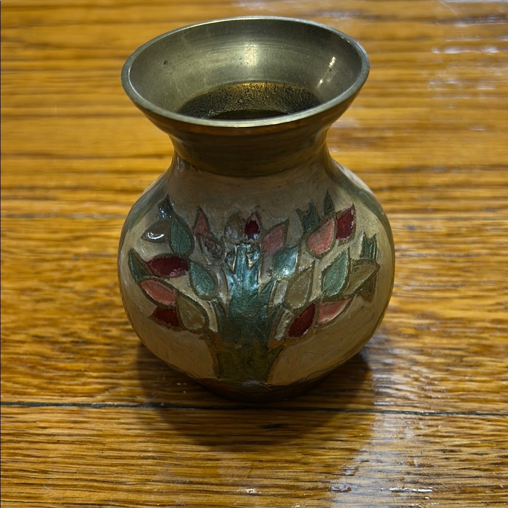 Vintage solid brass and cloisonné floral tiny vase.  Great vintage condition.
